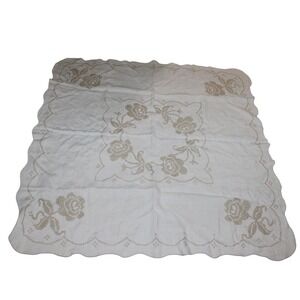 Vintage Linen Tablecloth 46x46 – Embroidered Roses, Scalloped Edge Cottagecore